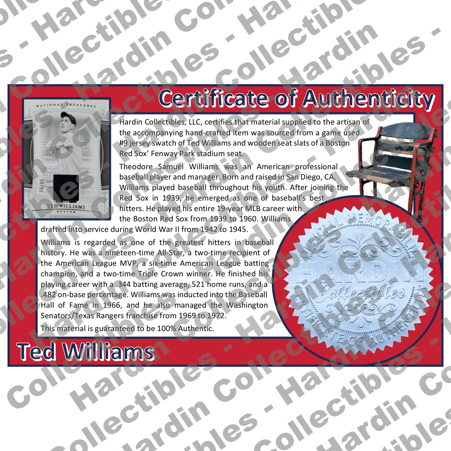 Image of certificate of authenticity for Williams, Ted 