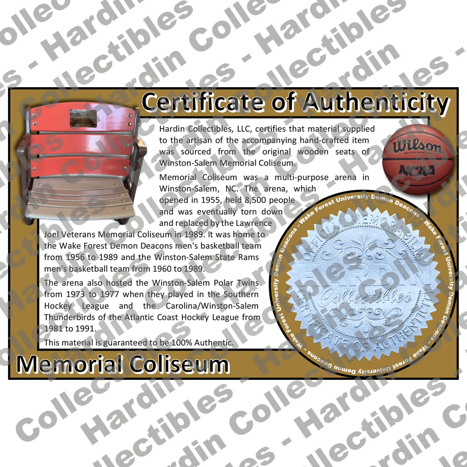 Image of certificate of authenticity for Winston-Salem Memorial Coliseum (Wake Forest University) - front