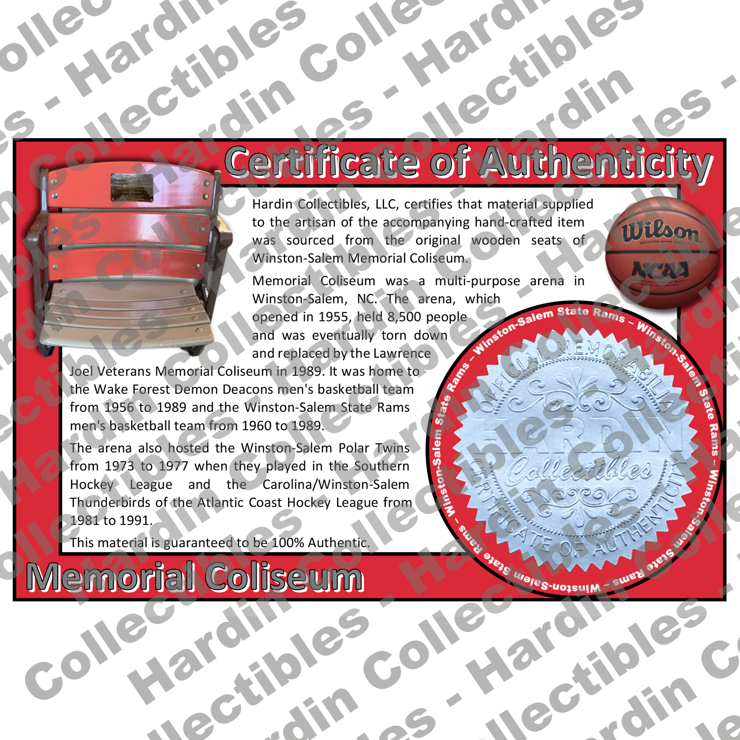 Image of certificate of authenticity for Winston-Salem Memorial Coliseum (Winston-Salem State University) - front