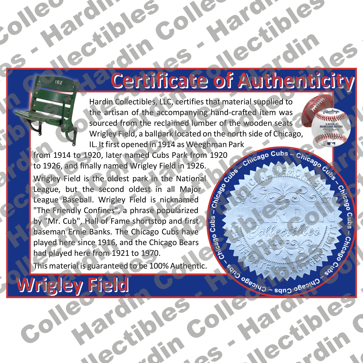 Image of certificate of authenticity for Wrigley Field (Chicago Cubs) - front