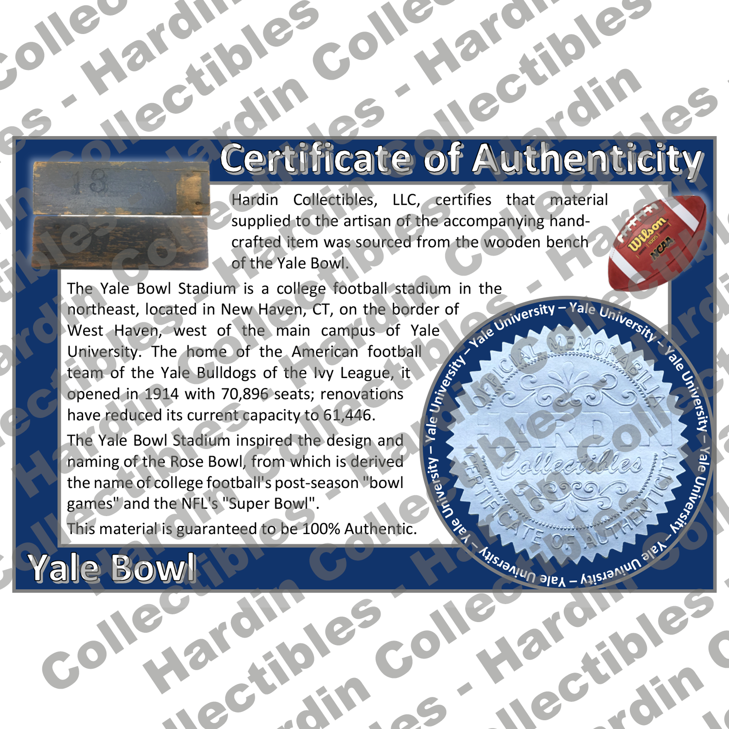 Image of certificate of authenticity for Yale Bowl (Yale University) - front