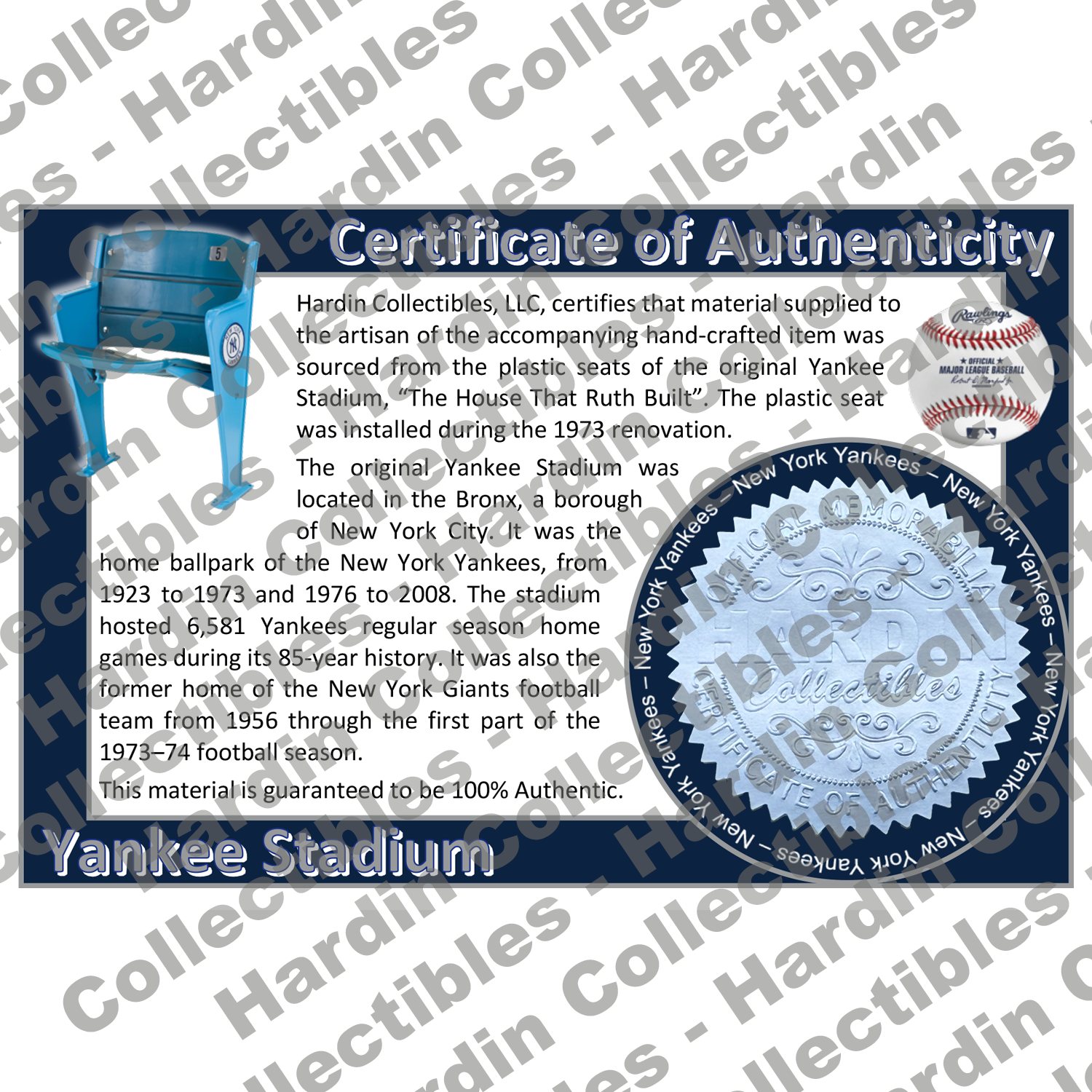 Image of certificate of authenticity for Yankee Stadium 1975 Plastic Seat  (New York Yankees) - front