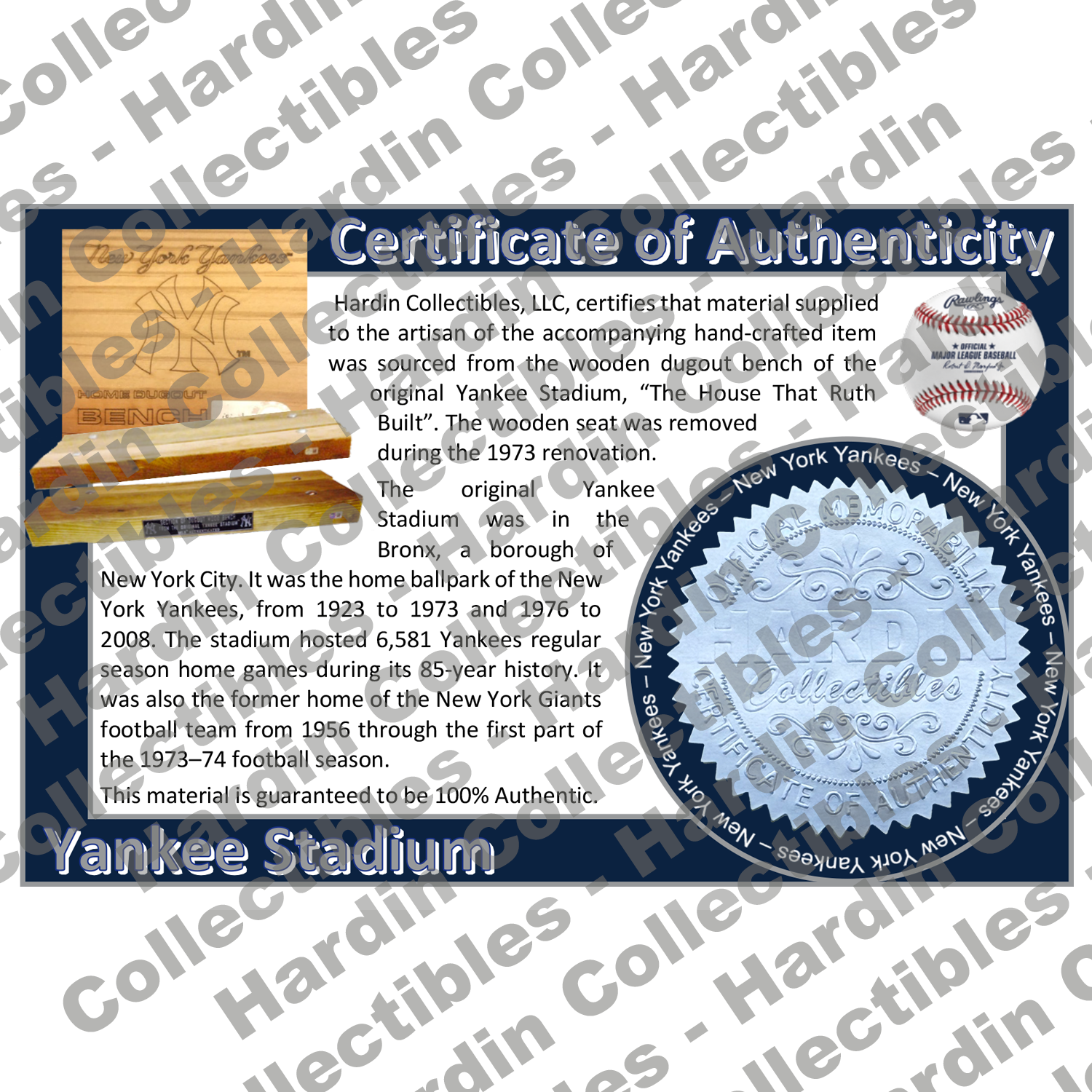 Image of certificate of authenticity for Yankee Stadium [Dugout Bench] (New York Yankees) - front