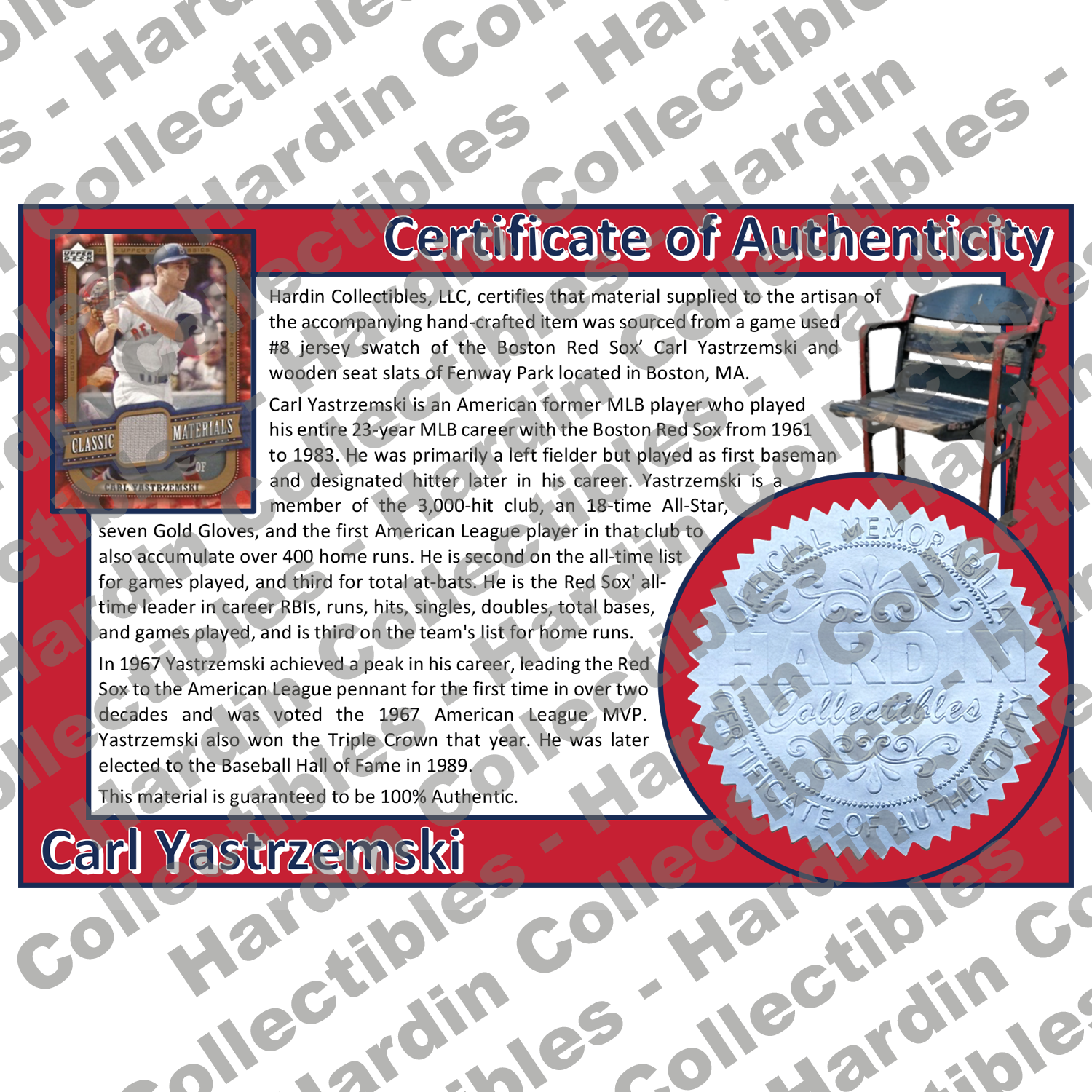 Image of certificate of authenticity for Yastrzemski, Carl 