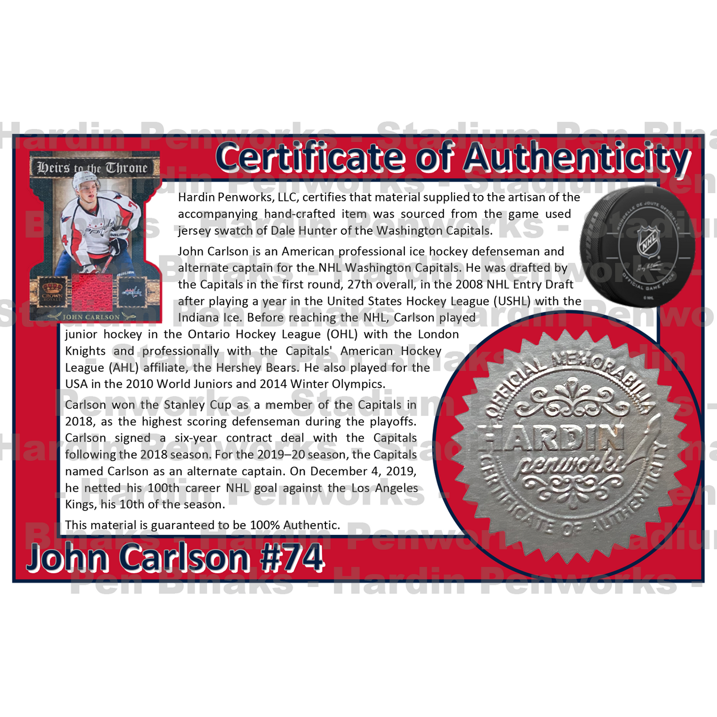 Carlson, John #74 - Game Played Relic