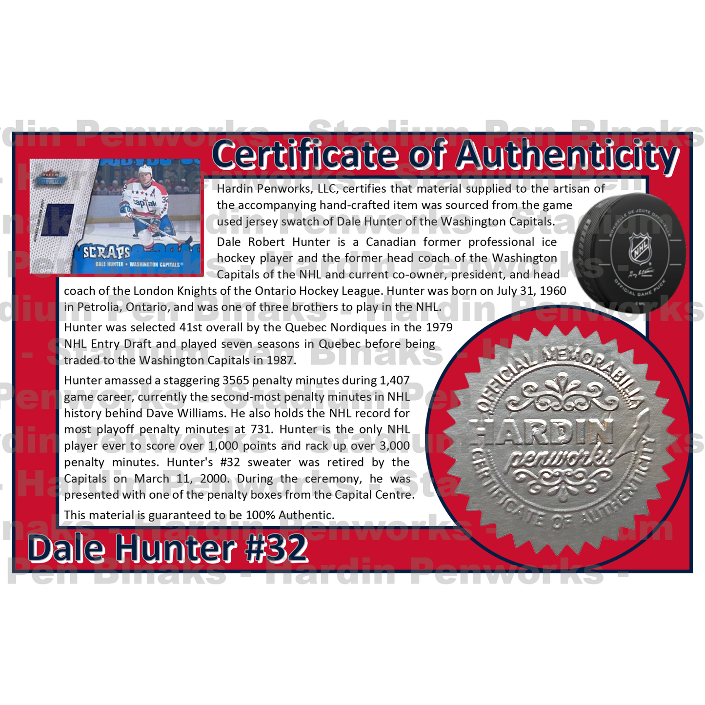Hunter, Dale #32 - Game Played Relic
