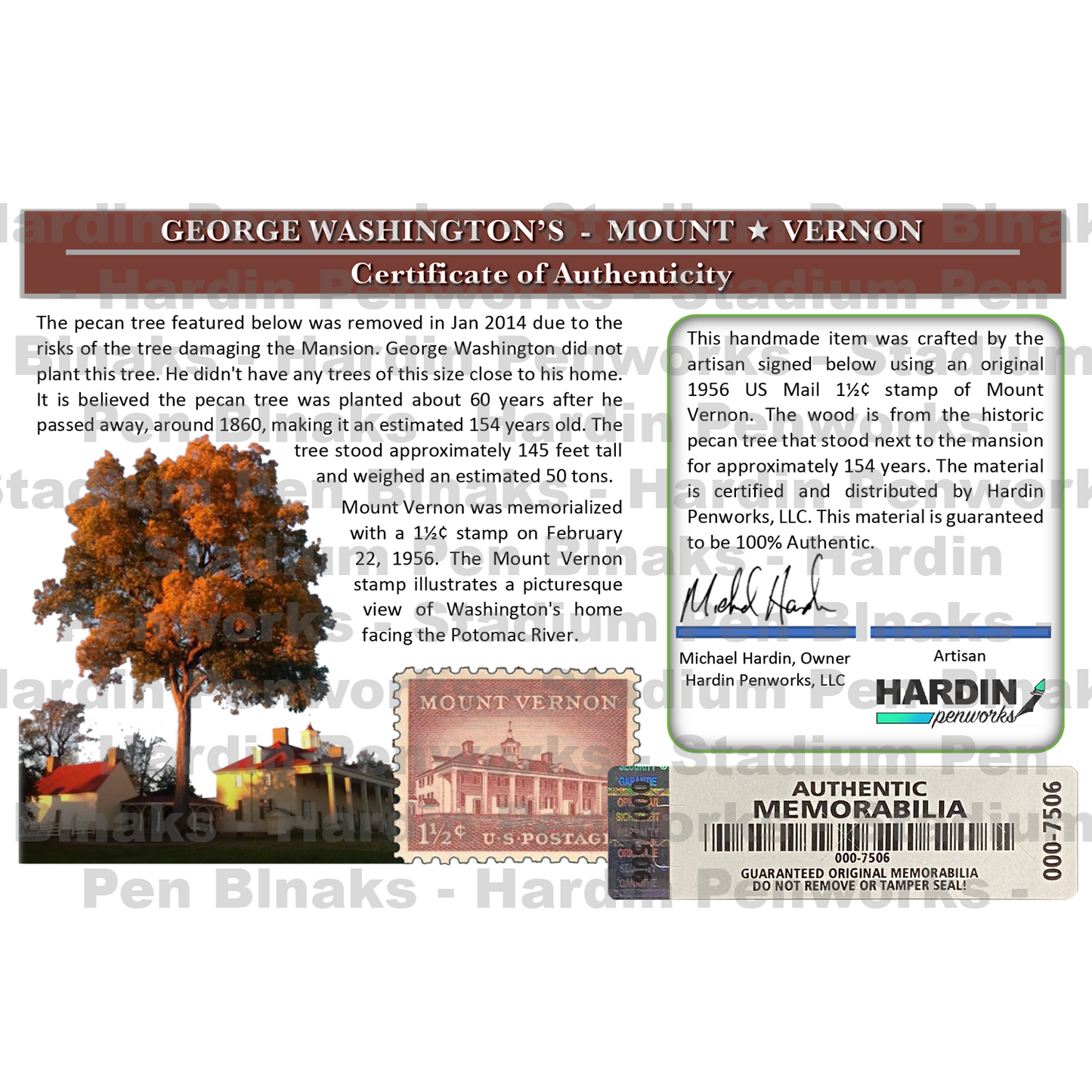 George Washington's Mount Vernon Vintage Stamp with Pecan Wood